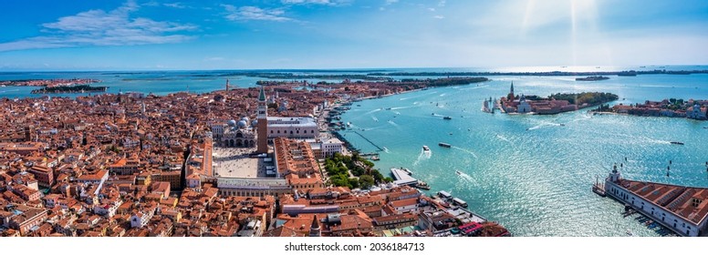 Aerial View Of Venice Near Saint Mark's Square, Rialto Bridge And Narrow Canals. Beautiful Venice From Above.