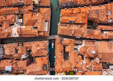 Aerial View Of Venice Near Saint Mark's Square, Rialto Bridge And Narrow Canals. Beautiful Venice From Above.