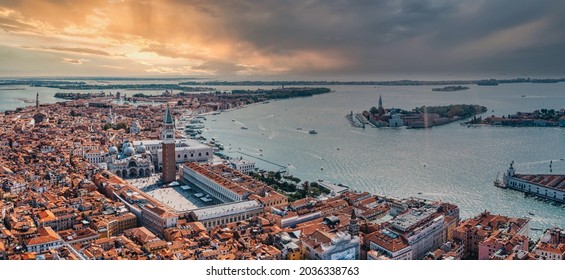 Aerial View Of Venice Near Saint Mark's Square, Rialto Bridge And Narrow Canals. Beautiful Venice From Above.