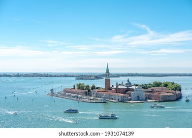 Aerial view of Venice with San Giorgio di Maggiore church. Venice is the capital of northern Italy’s Veneto region