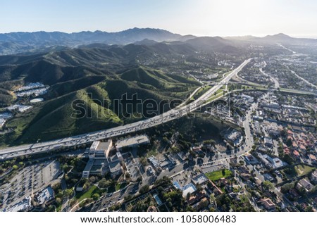 Aerial view of Ventura 101 freeway and suburban Thousand Oaks near Los Angeles, California.