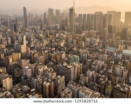 Aerial view of the very densely populated Sham Shui Po district in Kowloon in Hong Kong SAR in China