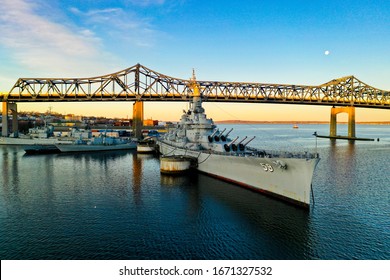 Aerial View Via Drone Of Battleship Cove In Fall River