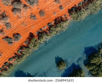 An aerial view of vibrant red soil meeting a clear turquoise river, bordered by lush green trees, showcasing contrasting natural beauty.