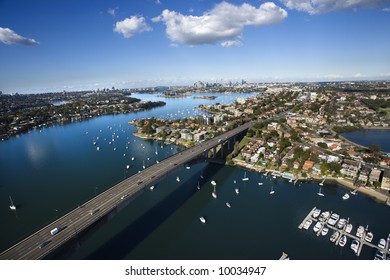 Aerial View Of Victoria Road Bridge And Boats In Sydney, Australia.