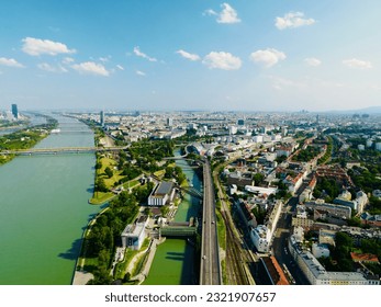Aerial view of Vienna Austria drone shot wide angle cityscape with Danube river