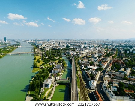 Aerial view of Vienna Austria drone shot wide angle cityscape with Danube river
