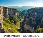 Aerial view of Vikos Gorge, a gorge in the Pindus Mountains of northern Greece, lying on the southern slopes of Mount Tymfi, one of the deepest gorges in the world. Zagori region, Greece.