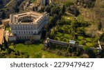 Aerial view of Villa Farnese and its gardens located in Caprarola, near Viterbo, Italy. It is a pentagonal palace in the Renaissance and Mannerist style. The building is empty.