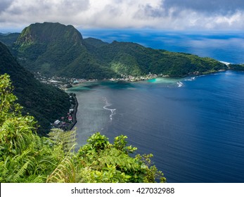 Aerial View Of The Village Of Aua And Rainmaker Mountain On Tutuila