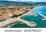 Aerial view of the village of Diano Marina on the Italian Riviera in the province of Imperia, Liguria, Italy