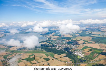 Aerial View Of Village Landscape  Near Otmuchow Town Over Clouds In Poland