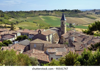 Aerial View Of Village Lautrec With Its Church In Southern France. Midi-Pyrénées Region, Tarn Department