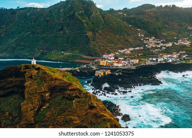 Aerial view of the village of Porto Moniz with lava-rock pool, Madeira Island, Portugal - Shutterstock ID 1241053375