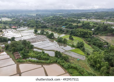 Aerial View of Village and Terraced Rice Field  in Countryside Thailand , Soft Focus

