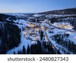 An aerial view of the village at Winter Park in Colorado at dusk