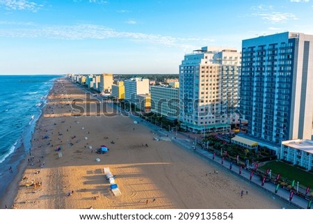 Aerial view of the Virginia Beach oceanfront looking south at sunset