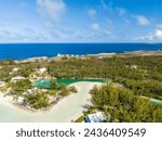 Aerial view of vivid blue ocean in Spanish Wells Bahamas