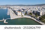 Aerial view of Volos city, University of Thessaly and Kordoni bridge in foreground, Greece