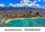 Aerial view of Waikiki Beach in Honolulu Hawaii from a helicopter