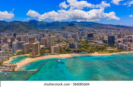 Aerial view of Waikiki Beach in Honolulu Hawaii from a helicopter