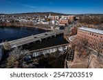 Aerial view of Waltham, Massachusetts and the Charles River in late fall 