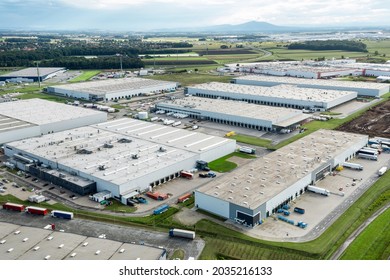 Aerial view of a warehouse or industrial plant or logistics center from above. View from above
