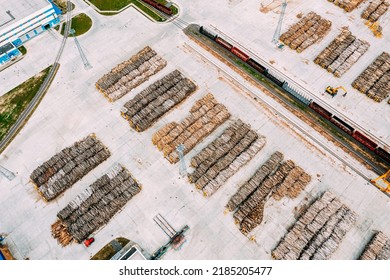 Aerial View Of Warehouse Of Raw Timber At Modern Paper Mill. Bird's-eye View Of Paper Factory.