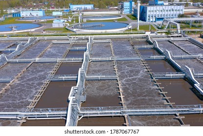 Aerial View Of The Wastewater Treatment Plant. Pumping Station And Drinking Water Supply. Industrial And Urban Water Treatment For A Big City.  Sediments Of Treatment Facilities.