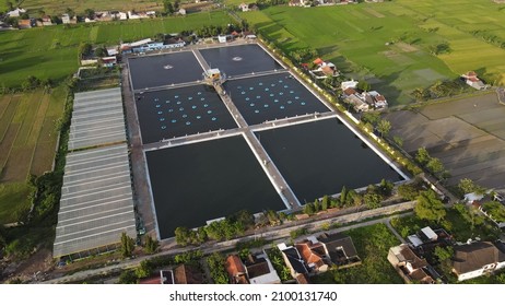 Aerial view wastewater treatment plant. Filtration of dirty water or waste water located in Bantul, Yogyakarta, Indonesia.