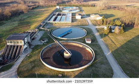 Aerial view of a wastewater treatment plant. During purification, chemicals and microorganisms are removed from the water and the water is returned to river and sea watercourses.