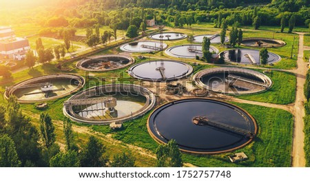 Aerial view of wastewater treatment plant, filtration of dirty or sewage water.
