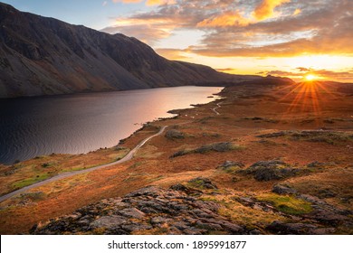 Aerial view of Wastwater with beautiful sunset clouds in sky. Lake District, UK.