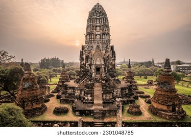 Aerial view of Wat Mahathat, Ayutthaya temple in Thailand. Ayutthaya Historical Park has been considered a World Heritage Site by UNESCO. - Powered by Shutterstock