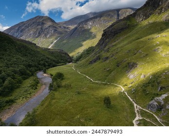 Aerial view of Water of Nevis river near Steall waterfall on Ben Nevis mountain, Scottish Highlands - Powered by Shutterstock