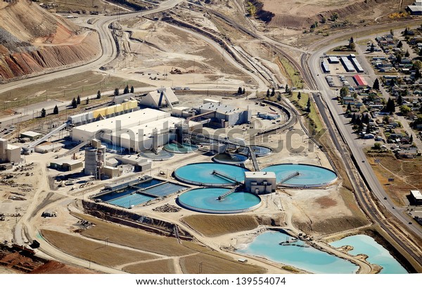 Aerial view of the water treatment facility at a\
copper mine