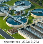 Aerial view of water treatment factory at city wastewater cleaning facility. Purification process of removing undesirable chemicals, suspended solids and gases from contaminated liquid