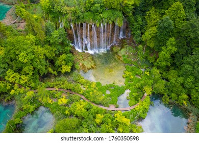 Aerial View Of The Waterfall On The Plitvice Lakes