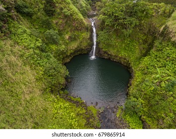 Aerial View Of A Waterfall On The Road To Hana Maui Hawaii