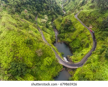 Aerial View Of A Waterfall On The Road To Hana Maui Hawaii