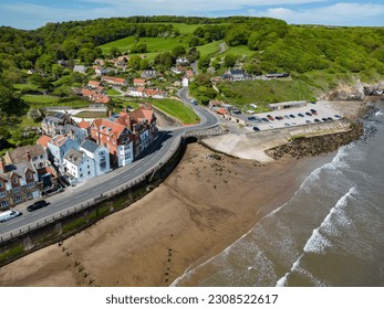 Aerial view of the waterfront at Sandsend on the North Yorkshire coast in the northeast of England.