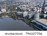 Aerial view of the Watergate Office building complex while landing at the Washington DC Ronald Reagan International Airport.