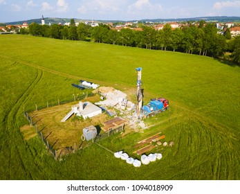 Aerial View Of Well Drilling. Drilling Truck Set Building New Source Of Drinking Water For Nearby City.