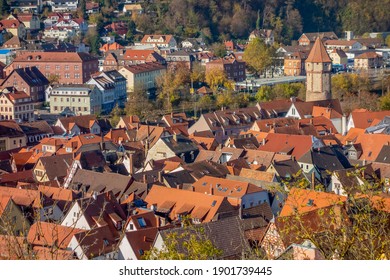aerial view of Wertheim, a town in Southern Germany at evening time