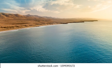 Aerial view west coast of Fuerteventura at sunset, canary islands