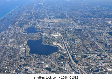 Aerial View Of West Palm Beach, Florida With Lake Mangonia, Roosevelt Estates And Historic Northwood Neighborhood.