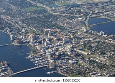 Aerial View Of West Palm Beach, Florida And The Upscale Island Of Palm Beach, With Lake Worth Lagoon.