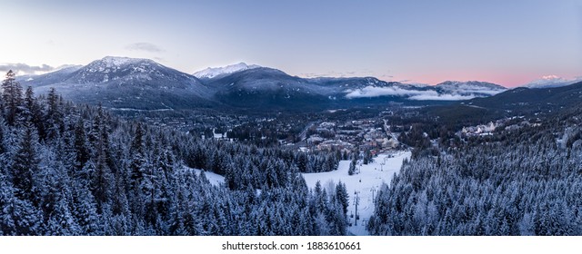 Aerial View Of Whistler Village And Ski Runs At Sunset.