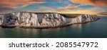 Aerial view of the White Cliffs of Dover. Close up view of the cliffs from the sea side. England, East Sussex. Between France and UK