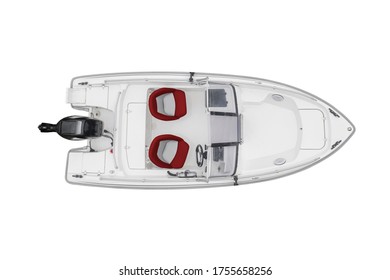 Aerial view white fishing motor boat with red leather seats isolated on white background. Top aerial view fishing boat isolated over white with clipping path - Powered by Shutterstock